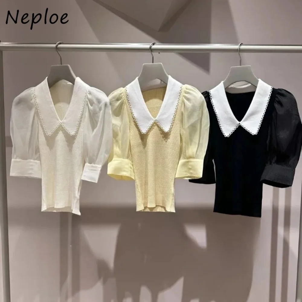 Neploe New Simple Office Lady All-match Jumper Turn-down Collar Puff Sleeve Patchwork Tops Japan Literary Knit Gentle Sweaters
Neploe New Simple Office Lady All-match Jumper Turn-down Collar Puff Sleeve Patchwork Tops Japan Literary Knit Gentle Sweaters