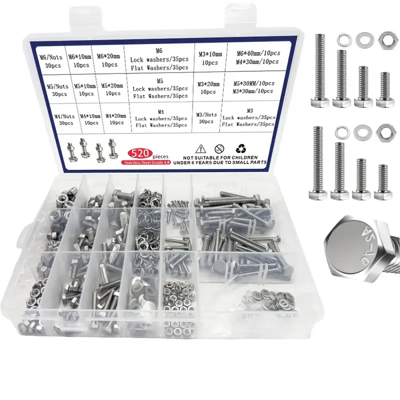 520pcs Stainless Steel Hex Head Bolt And Nut Combination Kit - M3/M4/M5/M6 Assorted Bolts Nuts And Washers Kit, Heavy-Duty Full
520pcs Stainless Steel Hex Head Bolt And Nut Combination Kit - M3/M4/M5/M6 Assorted Bolts Nuts And Washers Kit, Heavy-Duty Full