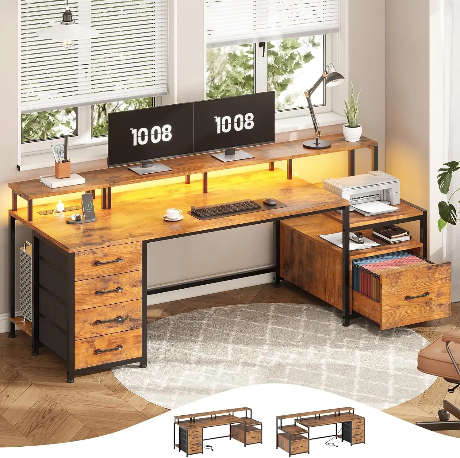 Home Office Desk with File Drawer & Power Outlet, 75'' Large Computer Desk with 5 Drawer, Storage Shelves, Monitor Shelf and Led
Home Office Desk with File Drawer & Power Outlet, 75'' Large Computer Desk with 5 Drawer, Storage Shelves, Monitor Shelf and Led