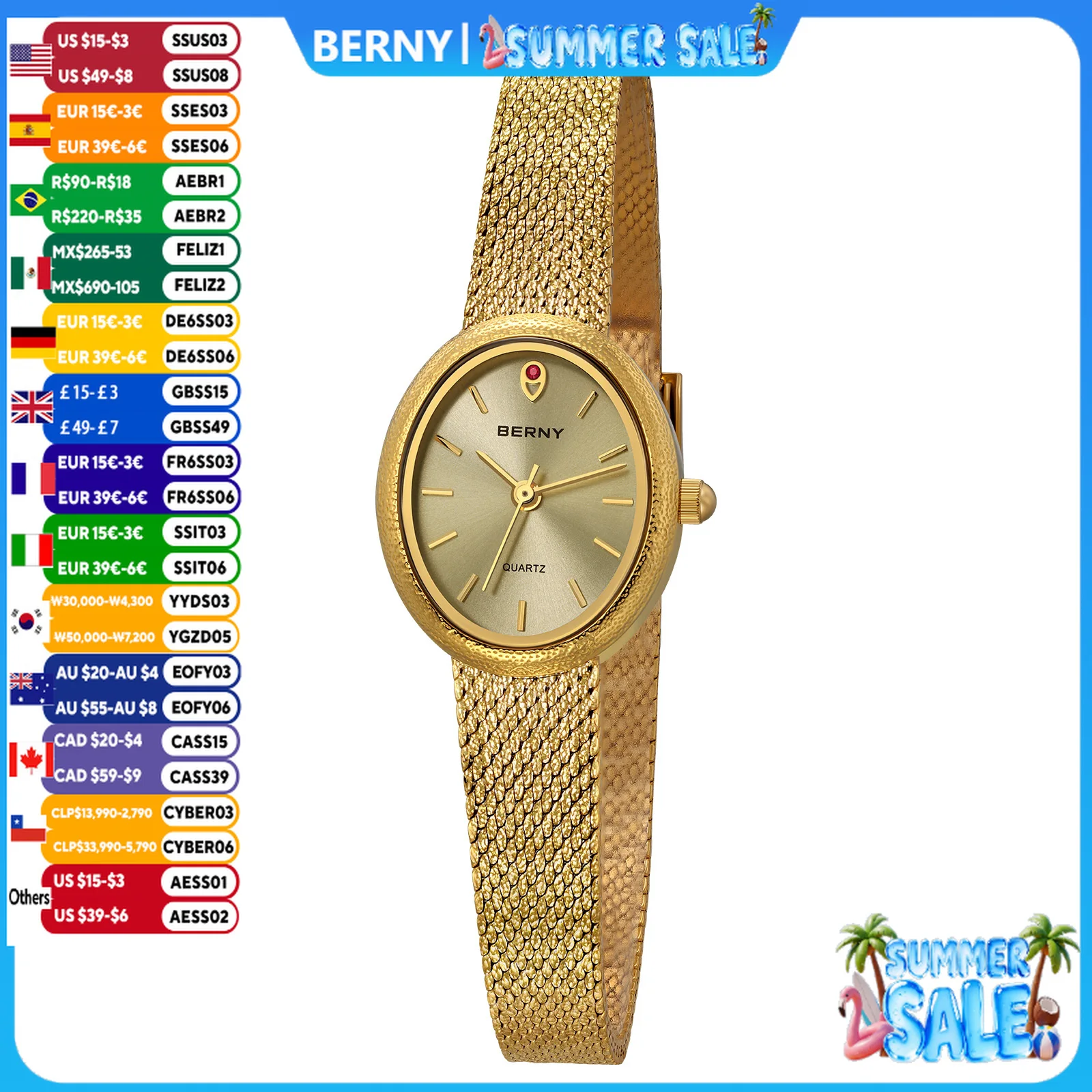 BERNY Luxury Watches for Women Fashion Golden Ladies Quartz Watch Super Lightweight Oval Case S/S Casual Dress Wristwatch
BERNY Luxury Watches for Women Fashion Golden Ladies Quartz Watch Super Lightweight Oval Case S/S Casual Dress Wristwatch