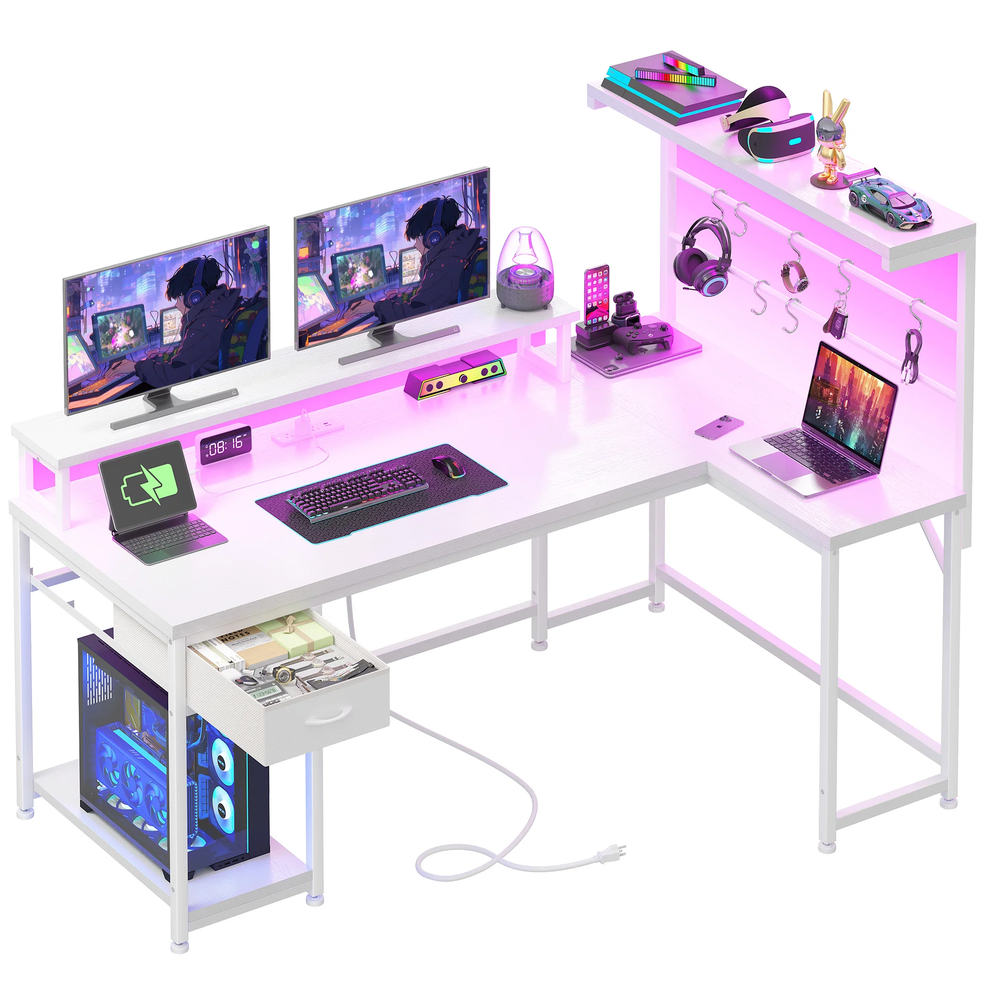 Игровой L-образный стол с LED-подсветкой и розеткой, угловой компьютерный стол с подставкой для монитора и выдвижными ящиками для дома
Игровой L-образный стол с LED-подсветкой и розеткой, угловой компьютерный стол с подставкой для монитора и выдвижными ящиками для дома