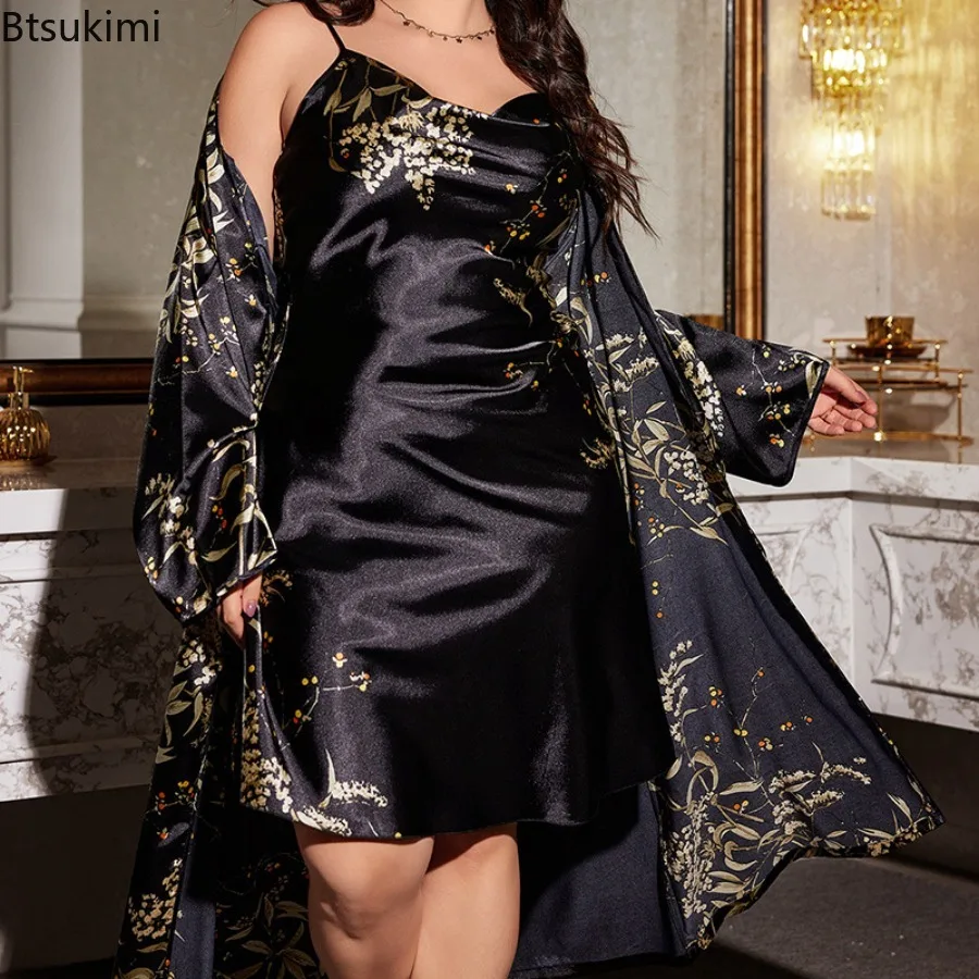 Women's Solid Color Printed Home Wear Thin Outer Long Sleepwear Set Tie Up Nightgown and Skirt Two-piece Set XL-5XL Large Size
Women's Solid Color Printed Home Wear Thin Outer Long Sleepwear Set Tie Up Nightgown and Skirt Two-piece Set XL-5XL Large Size