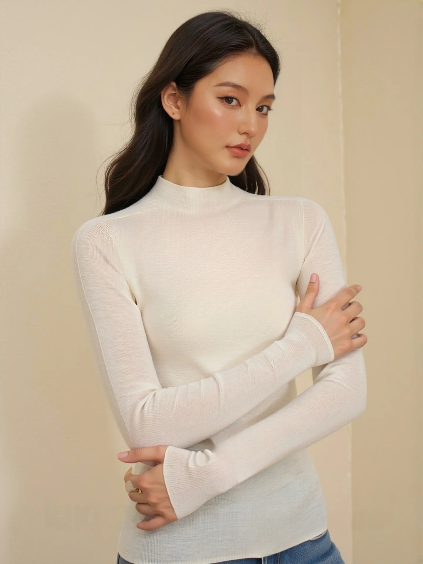 Kiki Seamless Machine Washable Full Wool Slim Fit Half High Neck Long Sleeve Knitted Sweater Soft Commute Style Pure Color
Kiki Seamless Machine Washable Full Wool Slim Fit Half High Neck Long Sleeve Knitted Sweater Soft Commute Style Pure Color
