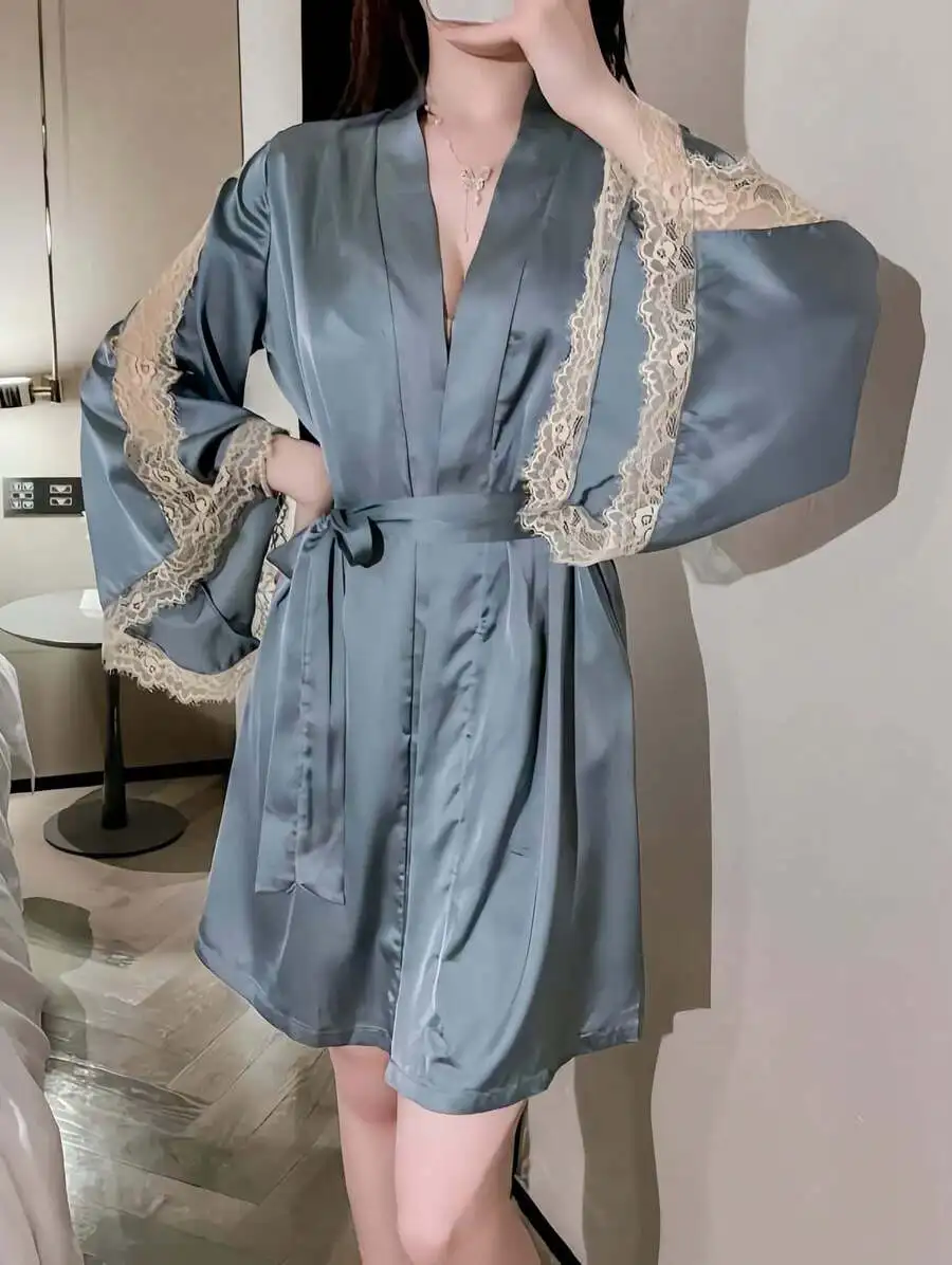 Silk Satin Robe With Lace Trim Womens Loungewear Set
Silk Satin Robe With Lace Trim Womens Loungewear Set