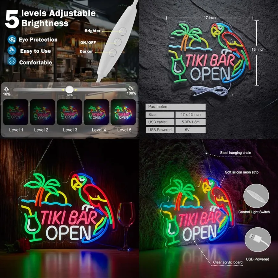 Tiki Bar Open Neon Sign for Tiki Open Wall Décor with Dimmable Switch Hawaii Pool Beach Bar LED Neon Signs Art Decor Light
Tiki Bar Open Neon Sign for Tiki Open Wall Décor with Dimmable Switch Hawaii Pool Beach Bar LED Neon Signs Art Decor Light