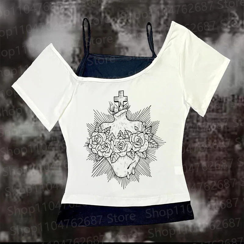 Y2k clothes Vintage Graphic T Shirts Women Grunge Streetwear Slim Fit Tee Harajuku Fashion Casual gothic Top fake two pieces tee
Y2k clothes Vintage Graphic T Shirts Women Grunge Streetwear Slim Fit Tee Harajuku Fashion Casual gothic Top fake two pieces tee
