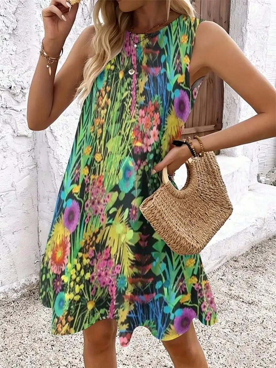 Womens Sleeveless Round Neck Bohemian Swing Dress With Ruffles Colorful Floral Print Casual A-Line Summer Dress
Womens Sleeveless Round Neck Bohemian Swing Dress With Ruffles Colorful Floral Print Casual A-Line Summer Dress