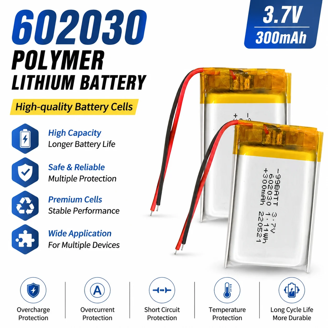 602030 3.7V 300mAh Li-Po Battery Rechargeable Ultra Thin Soft Pack Battery For Bluetooth Earphone Voice Recorder
602030 3.7V 300mAh Li-Po Battery Rechargeable Ultra Thin Soft Pack Battery For Bluetooth Earphone Voice Recorder