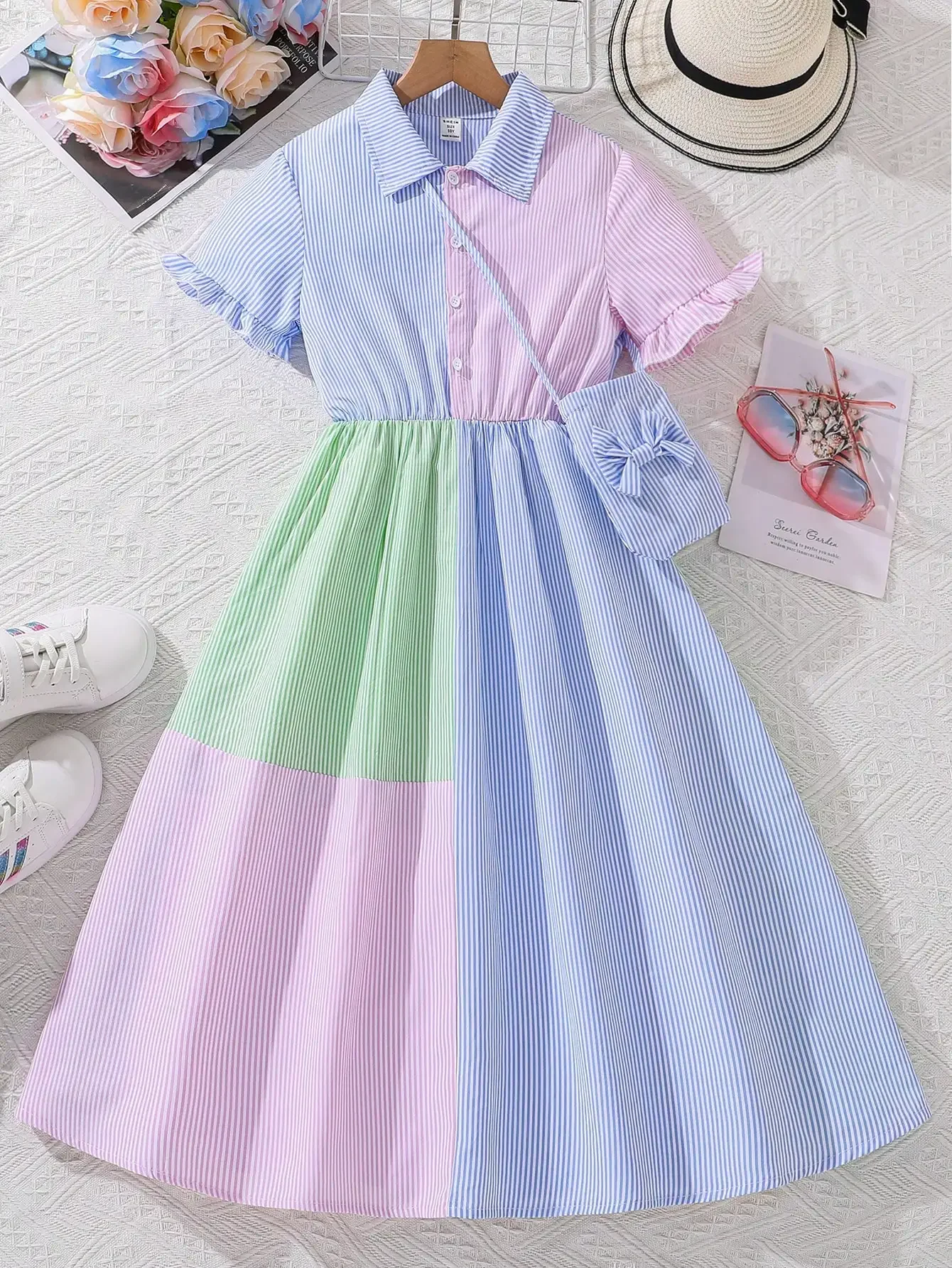 Casual Academy Style Color Block Striped Patchwork Dress With Small Bag
Casual Academy Style Color Block Striped Patchwork Dress With Small Bag