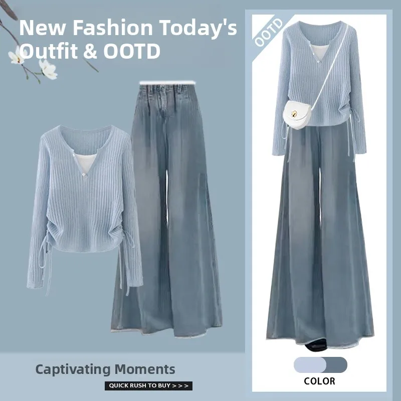 Korean Style Casual Long Sleeve V-Neck Top with Drawstring Wide Leg Jeans Flared Pants Fashionable Ensemble Polyester Fiber
Korean Style Casual Long Sleeve V-Neck Top with Drawstring Wide Leg Jeans Flared Pants Fashionable Ensemble Polyester Fiber