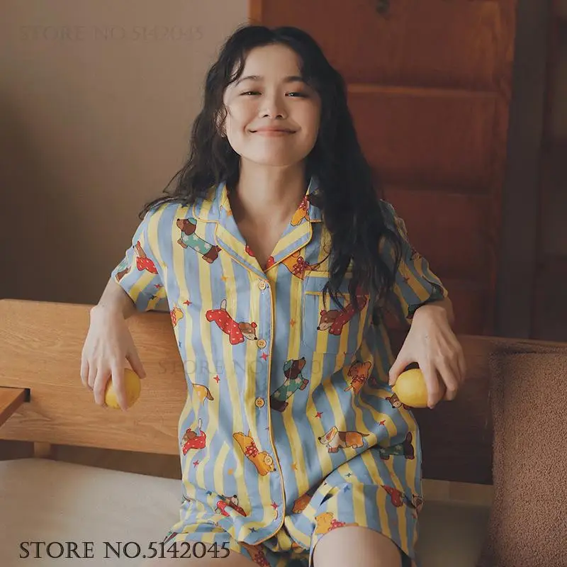 Print Cartoon Cotton Gauze Pijama Mujer Sleepwear Summer New Women Nightwear Pajamas Set Loose Casual Home Clothes Loungewear
Print Cartoon Cotton Gauze Pijama Mujer Sleepwear Summer New Women Nightwear Pajamas Set Loose Casual Home Clothes Loungewear