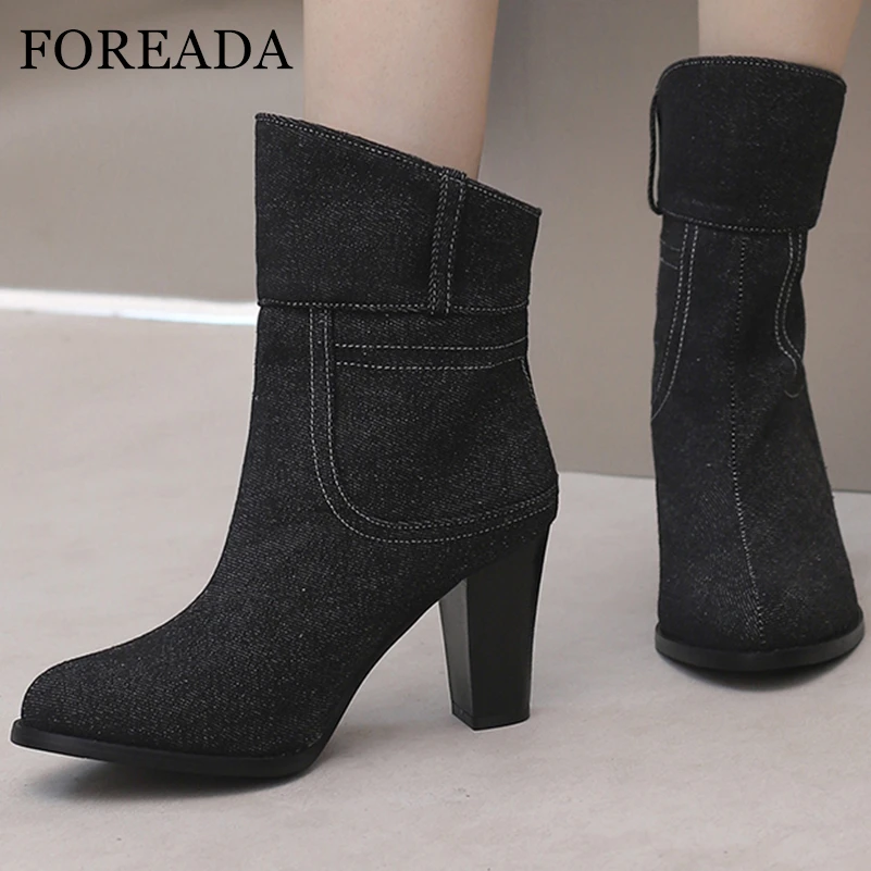 FOREADA Women Ankle Boots Round Toe Chunky High Heels Denim Short Boots Ladies Fashion Shoes Autumn Winter Black Dark Blue 46
FOREADA Women Ankle Boots Round Toe Chunky High Heels Denim Short Boots Ladies Fashion Shoes Autumn Winter Black Dark Blue 46