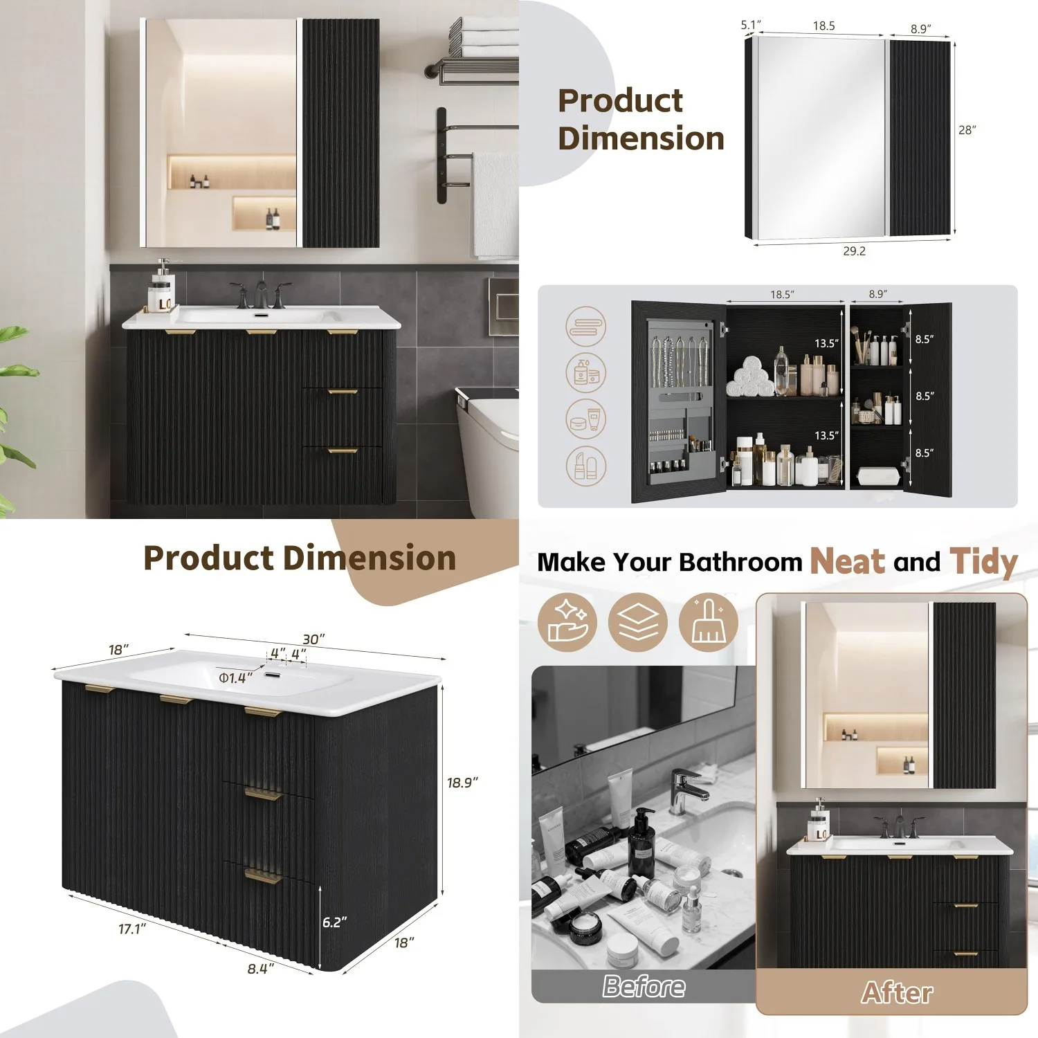 30in Floating Bathroom Vanity Set with Sink LED Mirror 2 Drawers Fluted Storage Cabinet Black, Customized
30in Floating Bathroom Vanity Set with Sink LED Mirror 2 Drawers Fluted Storage Cabinet Black, Customized