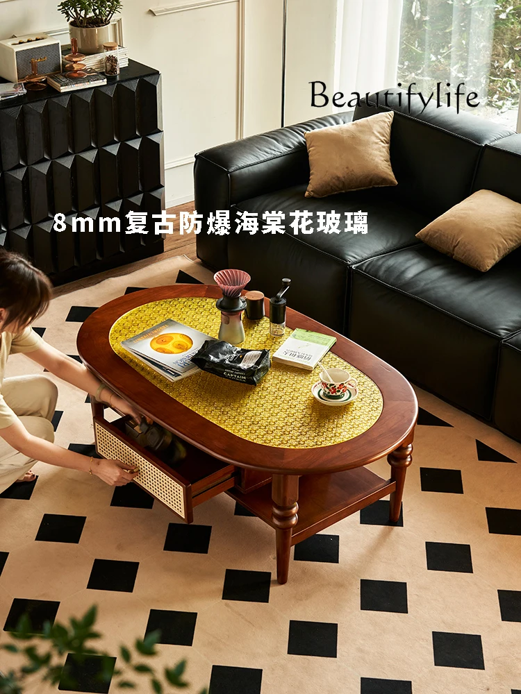 French Retro Solid Wood Coffee Table Oval Rattan Glass Art Small Apartment Double-Layer Low Table
French Retro Solid Wood Coffee Table Oval Rattan Glass Art Small Apartment Double-Layer Low Table