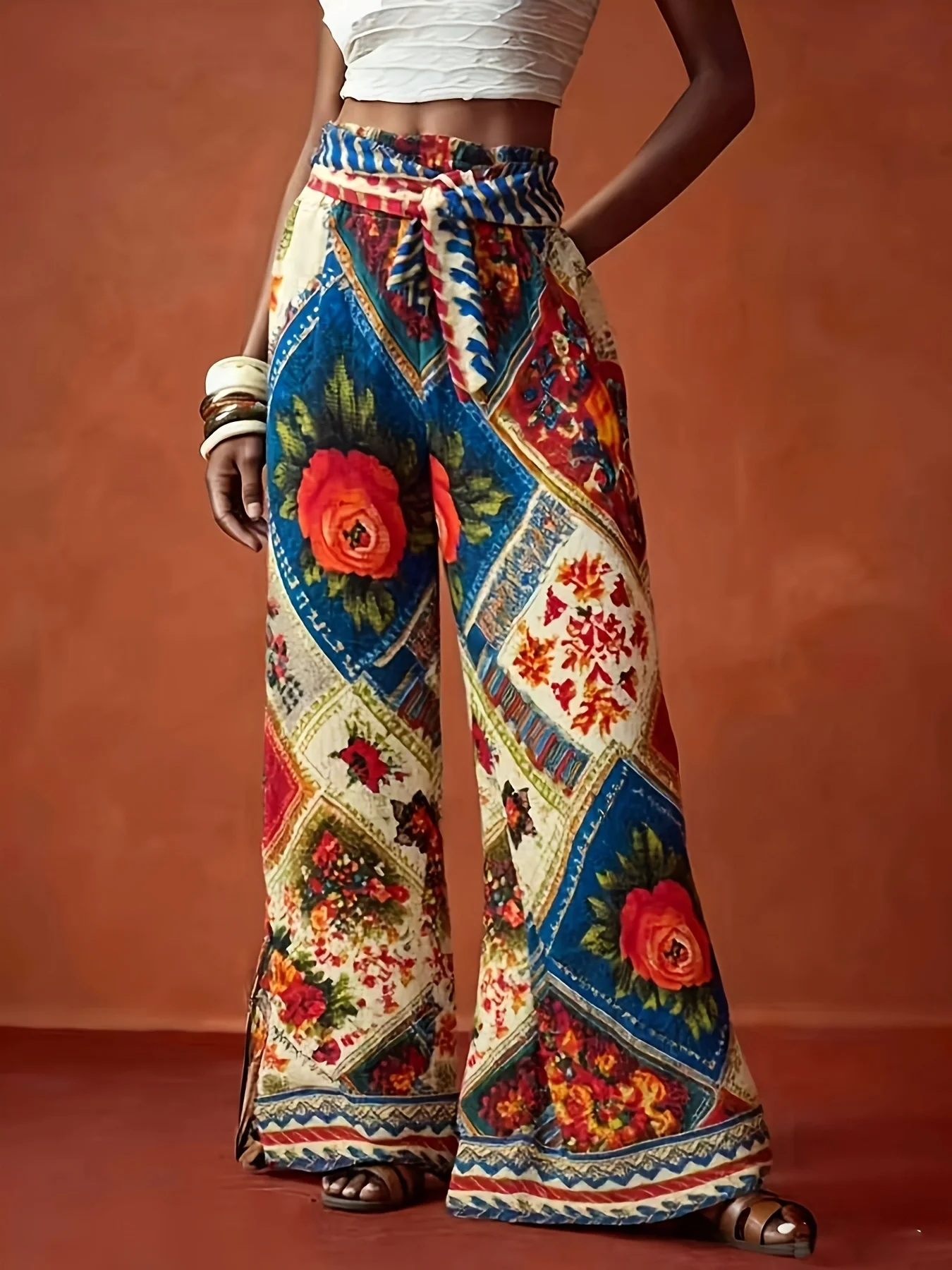 Ethnic Geometric Floral Print Wide-Leg Pants, High Waist & Draping Fabric, Bohemian Vacation Trousers
Ethnic Geometric Floral Print Wide-Leg Pants, High Waist & Draping Fabric, Bohemian Vacation Trousers