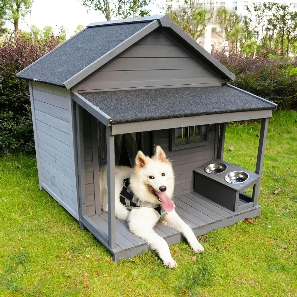 45" Dog House with Porch, Outdoor Indoor Wooden Doghouse with Dog Bowl, Breathable Window, Removable Base Plate,
45" Dog House with Porch, Outdoor Indoor Wooden Doghouse with Dog Bowl, Breathable Window, Removable Base Plate,