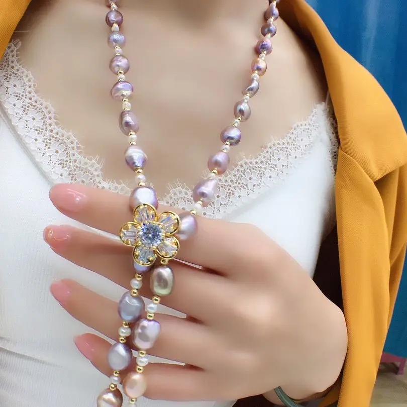 Natural Freshwater Pearl Baroque Sweater Chain Necklace Gold Flower Fashion Vintage Purple Color Pearl Strand
Natural Freshwater Pearl Baroque Sweater Chain Necklace Gold Flower Fashion Vintage Purple Color Pearl Strand