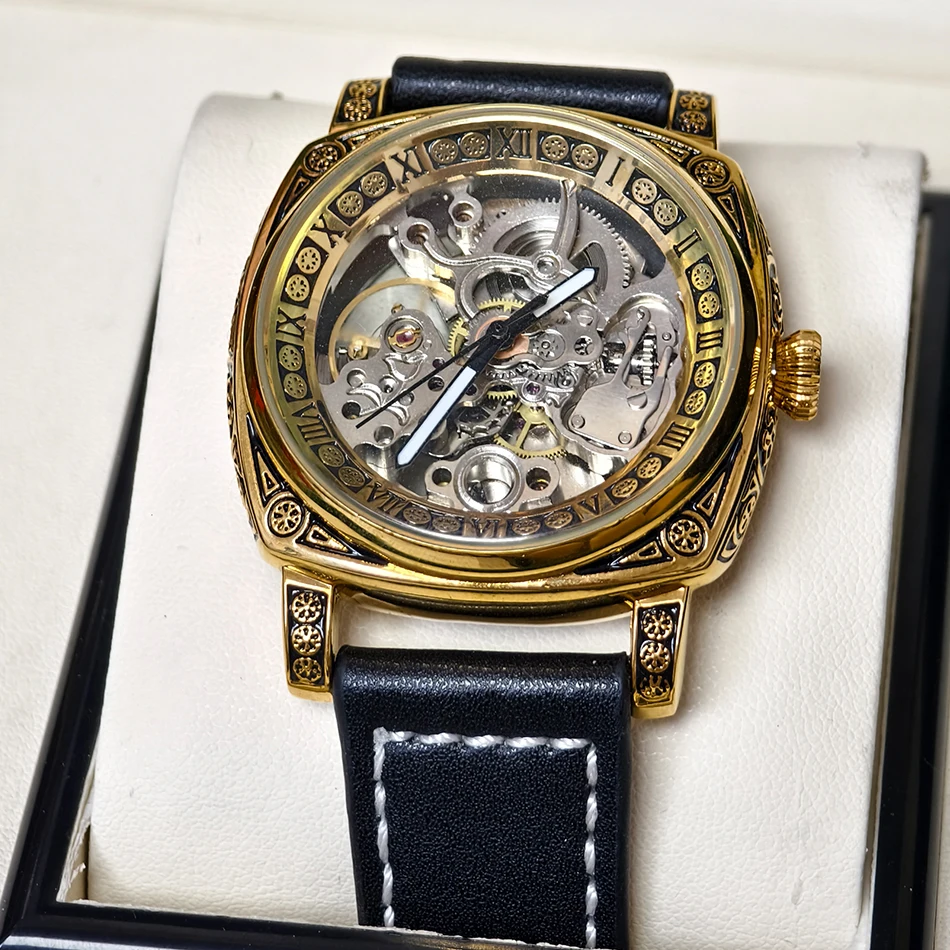 Retro Square Men's Automatic Mechanical Watch Retro Carved Skeleton Dial Luminous Waterproof Genuine Leather Strap Wristwatch
Retro Square Men's Automatic Mechanical Watch Retro Carved Skeleton Dial Luminous Waterproof Genuine Leather Strap Wristwatch