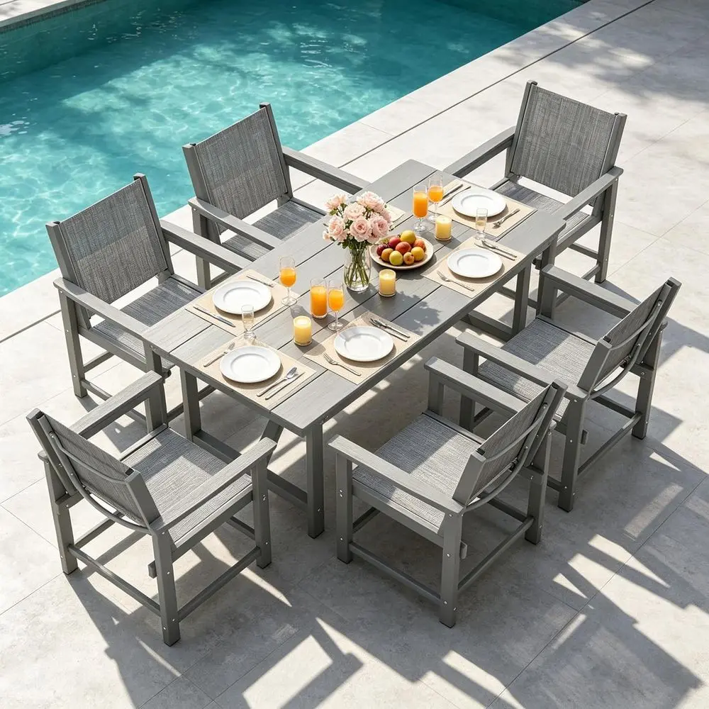 Durable HDPE Outdoor Dining Set for 6 with 360 lb Capacity, Easy Assembly, Suitable for Patio, Poolside, Garden, and Backyard
Durable HDPE Outdoor Dining Set for 6 with 360 lb Capacity, Easy Assembly, Suitable for Patio, Poolside, Garden, and Backyard