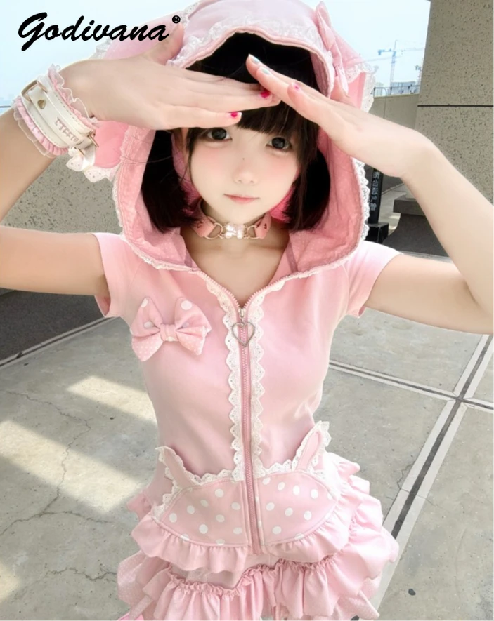 Original New Summer Daughter Girls Cute Rabbit Ear Zipper Short-sleeved Cotton Hooded Dress and Cake Skirt Two-piece Kawaii Sets 
Original New Summer Daughter Girls Cute Rabbit Ear Zipper Short-sleeved Cotton Hooded Dress and Cake Skirt Two-piece Kawaii Sets