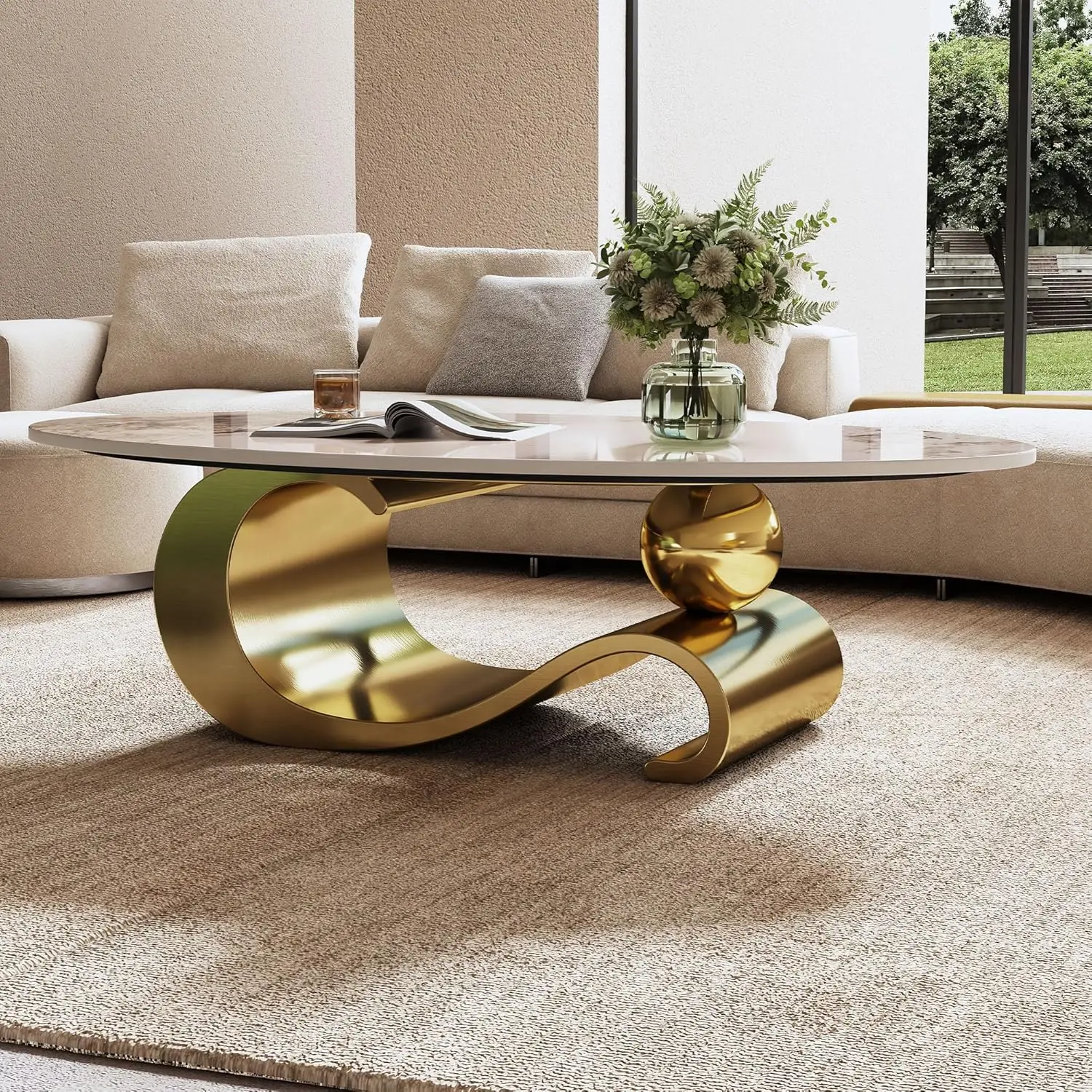 49.2" Oval Stone Coffee Table, Modern Center Tables with Gold Stainless Steel Base, Faux Marble Coffee Table with Chanel Texture
49.2" Oval Stone Coffee Table, Modern Center Tables with Gold Stainless Steel Base, Faux Marble Coffee Table with Chanel Texture