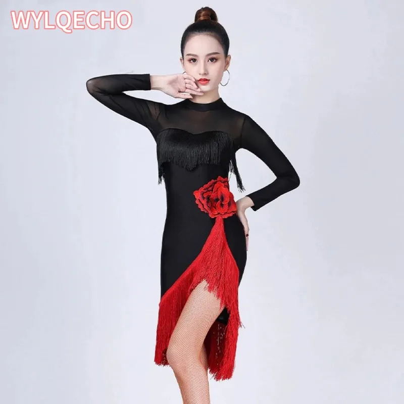 Long Sleeve Dress Women Dresses Big Red Flower Tassel Dance Skirt Latin Dancing Latina Black Sexy Girls Adult Costume Rumba 2023
Long Sleeve Dress Women Dresses Big Red Flower Tassel Dance Skirt Latin Dancing Latina Black Sexy Girls Adult Costume Rumba 2023