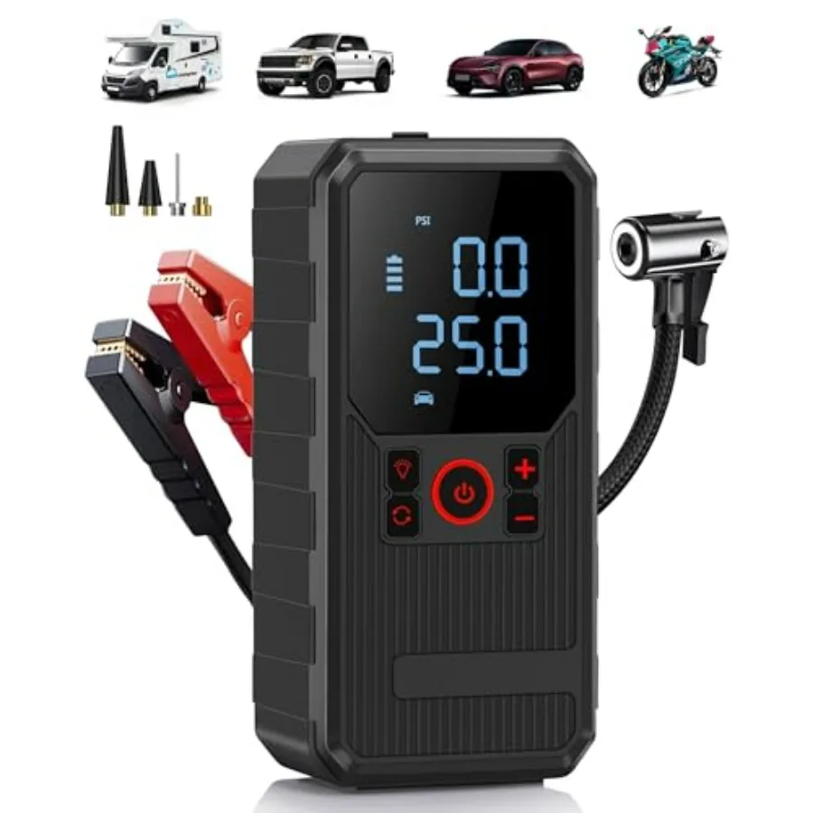 Car Jump Starter with Air Compressor 4000A Portable Jump Starter for Dead Battery 150 PSI Tire Inflator with Auto Shut-Off Jump
Car Jump Starter with Air Compressor 4000A Portable Jump Starter for Dead Battery 150 PSI Tire Inflator with Auto Shut-Off Jump