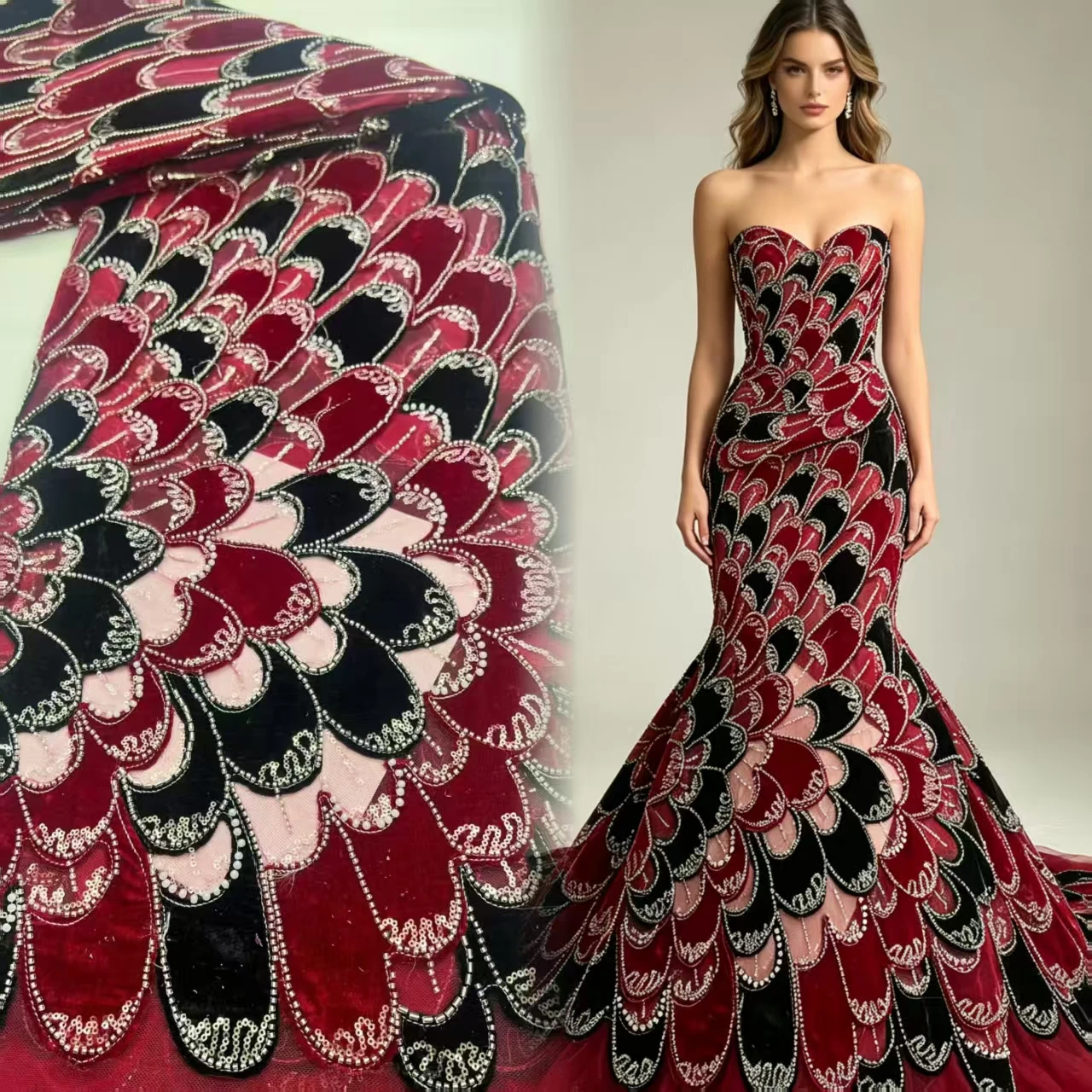 5Yards Red Black Peacock Sequined Velvet Lace Fabric, Heavy Beaded Embroidery Tulle for Wedding Evening Party Dress
5Yards Red Black Peacock Sequined Velvet Lace Fabric, Heavy Beaded Embroidery Tulle for Wedding Evening Party Dress