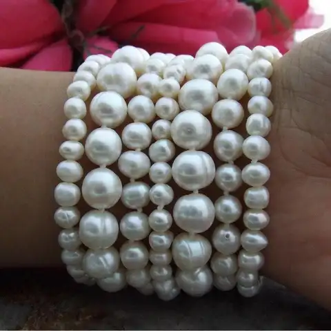 7 Strands Natural White Round Freshwater Cultured Pearl Bracelet 8" Box Clasp