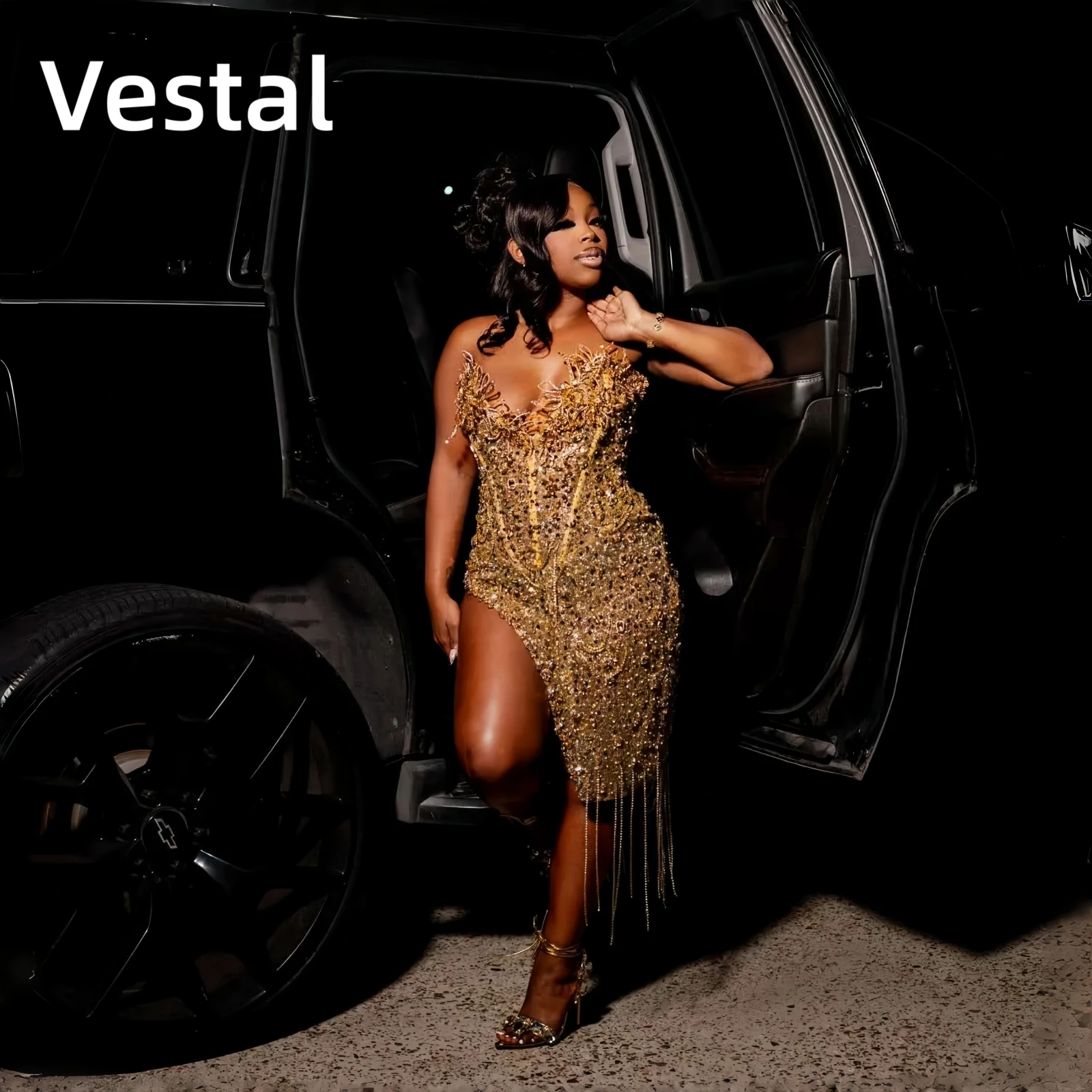 Gold Strapless Beaded Crystal Homecoming Dress with Slit Tassels Short Prom Cocktail Party Gown Birthday Customized
Gold Strapless Beaded Crystal Homecoming Dress with Slit Tassels Short Prom Cocktail Party Gown Birthday Customized
