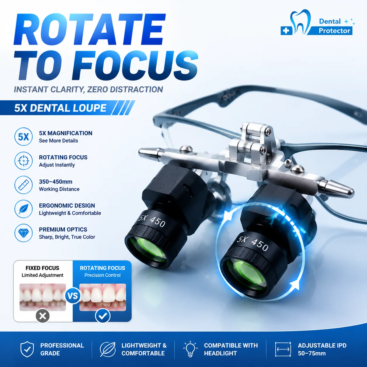 5X Rotating Focus Dental Loupe – Ergonomic Zoom Magnifier Glasses with Adjustable Working Distance 350–450mm
5X Rotating Focus Dental Loupe – Ergonomic Zoom Magnifier Glasses with Adjustable Working Distance 350–450mm