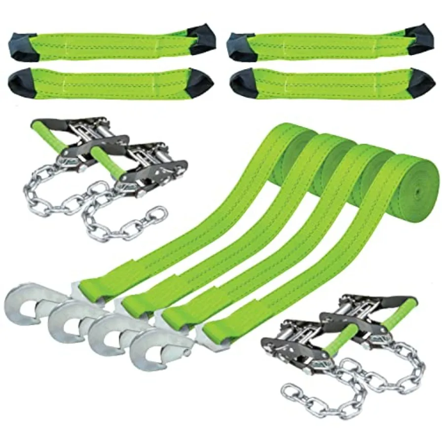 Vehicle tie down kit for cargo securement polyester straps with reflective high-vis yellow coating 8-point system with snap hoo
Vehicle tie down kit for cargo securement polyester straps with reflective high-vis yellow coating 8-point system with snap hoo