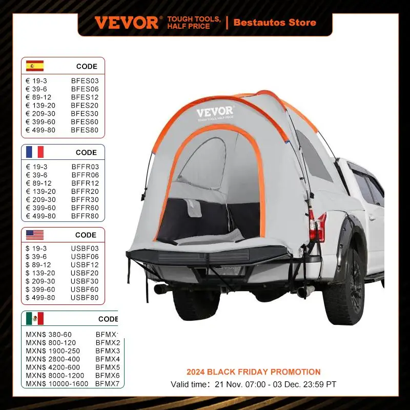 VEVOR Truck Bed Tent 5.5'-6' Pickup Truck Tent with Rain Layer and Carry Bag Waterproof PU Double Layer Truck Tent for Camping
VEVOR Truck Bed Tent 5.5'-6' Pickup Truck Tent with Rain Layer and Carry Bag Waterproof PU Double Layer Truck Tent for Camping