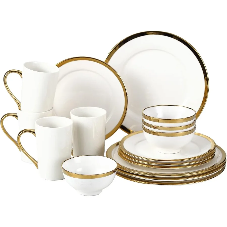 Modern Poreclain 16 Piece Dinnerware Set Plates and Bowls Set Dish set for 4 White And Golden Rim Dinnerware Sets With Gold Tri
Modern Poreclain 16 Piece Dinnerware Set Plates and Bowls Set Dish set for 4 White And Golden Rim Dinnerware Sets With Gold Tri