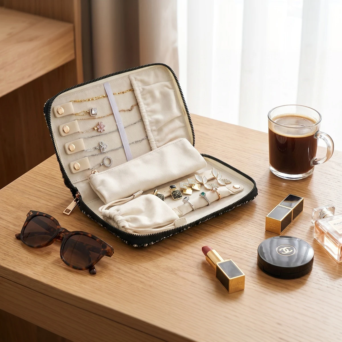 Portable Tweed Jewelry Organizer, Anti-Tangle Travel Case with Zipper, Multi-Compartment Storage for Necklaces Rings Earrings
Portable Tweed Jewelry Organizer, Anti-Tangle Travel Case with Zipper, Multi-Compartment Storage for Necklaces Rings Earrings