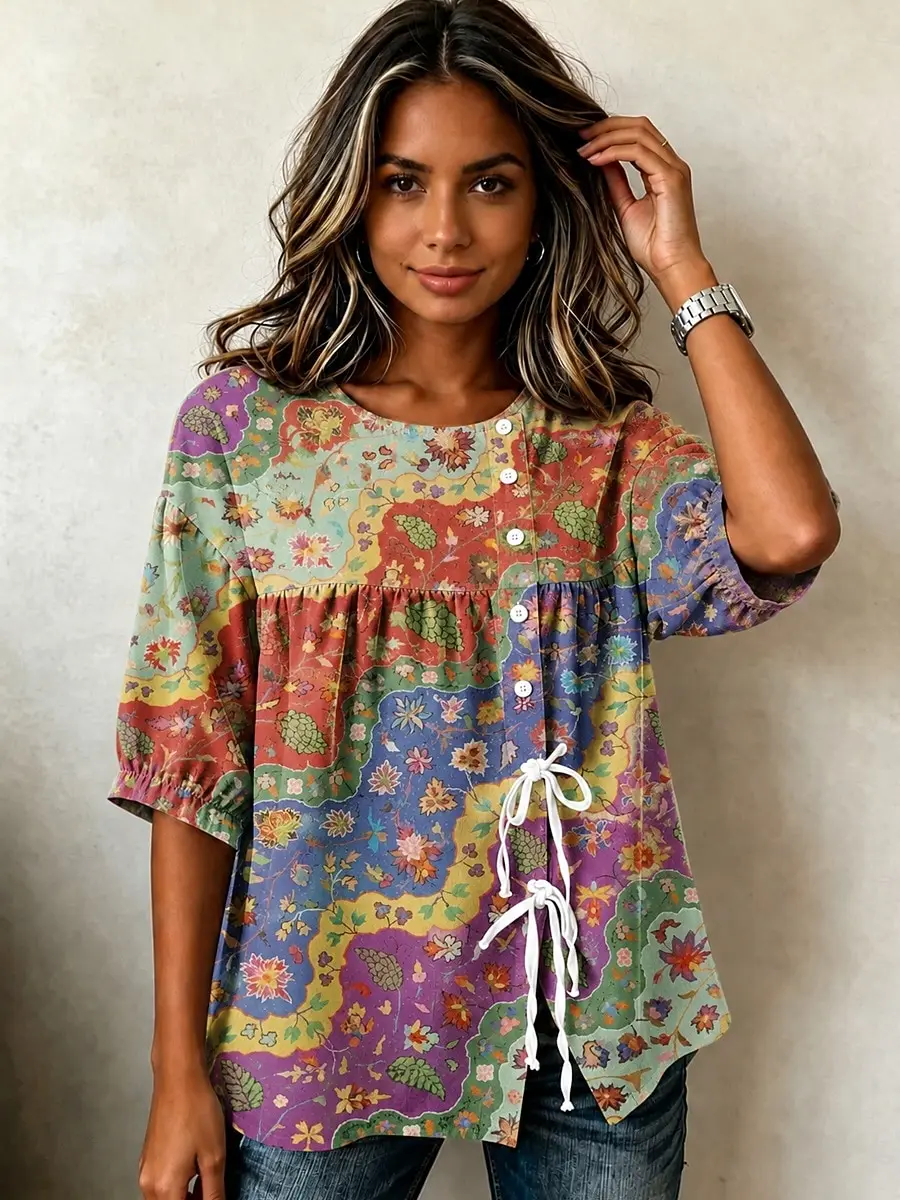 Women's Spring Summer Paisley Floral Print Tie Front Top, Casual Buttoned Drawstring Printed Blouse
Women's Spring Summer Paisley Floral Print Tie Front Top, Casual Buttoned Drawstring Printed Blouse