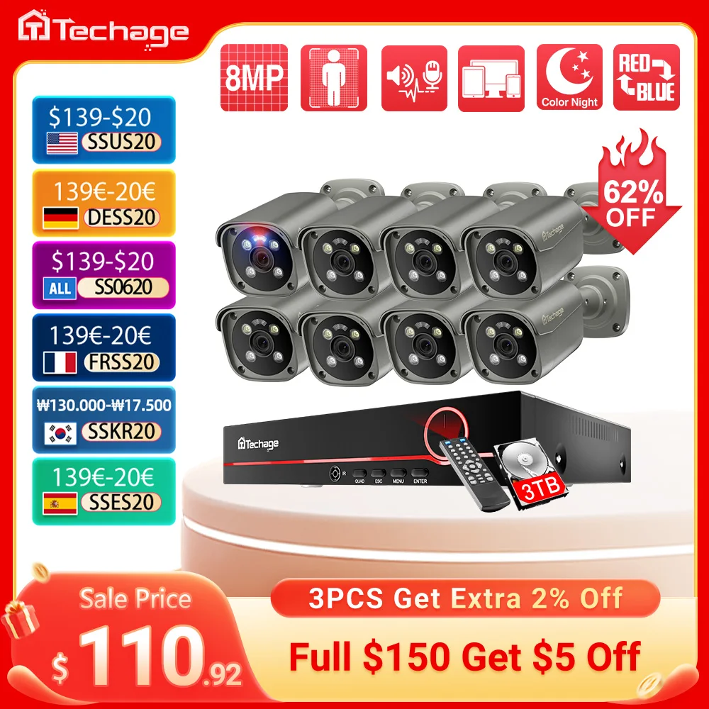 Techage H.265 8CH 5MP 8MP 4K POE Camera System AI Full Color Night VIsion Face Detection CCTV Video Security Surveillance Kits
Techage H.265 8CH 5MP 8MP 4K POE Camera System AI Full Color Night VIsion Face Detection CCTV Video Security Surveillance Kits