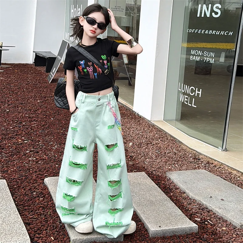 Teenage Girls Clothing Sets New Fashion Colorful Butterfly Crop Top+Hole Wide Leg Jeans 2PCS Children's Hot Deals Outfits 12 14Y
Teenage Girls Clothing Sets New Fashion Colorful Butterfly Crop Top+Hole Wide Leg Jeans 2PCS Children's Hot Deals Outfits 12 14Y