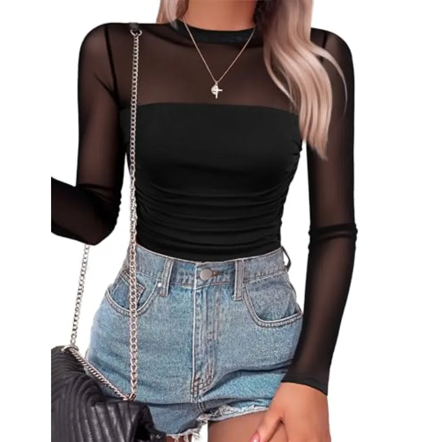 Women's Mesh Long Sleeve Bodysuit Mock Neck Ruched Sheer Thong Body Suits Fall Outfits
Women's Mesh Long Sleeve Bodysuit Mock Neck Ruched Sheer Thong Body Suits Fall Outfits