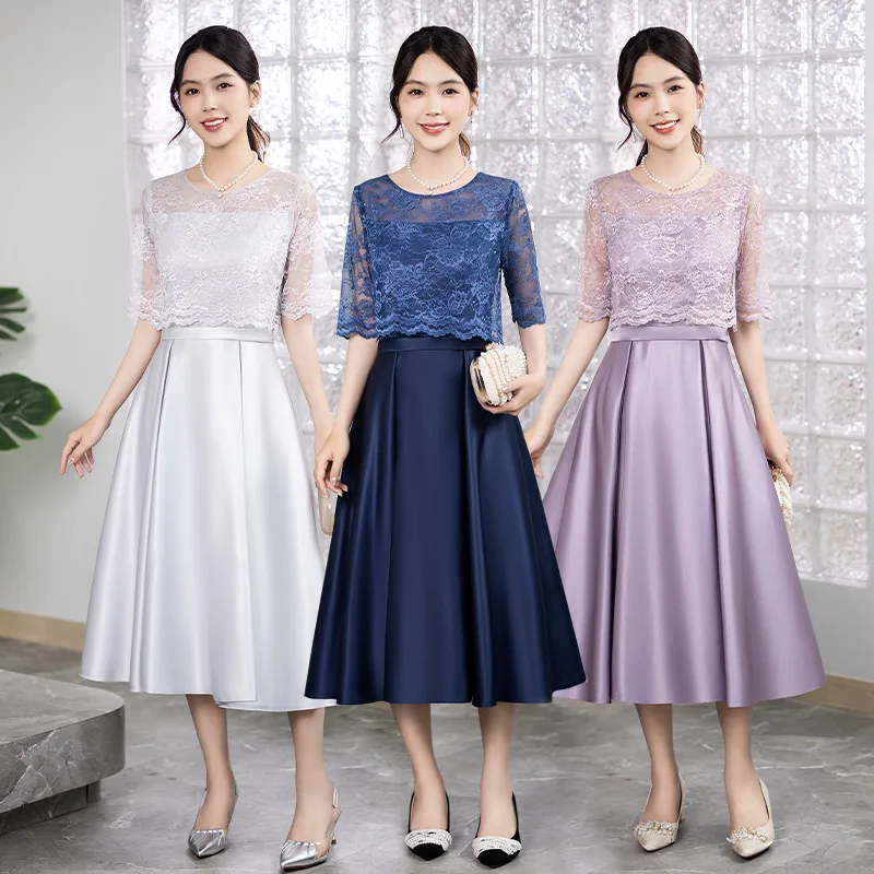 Silver Bridesmaid Dresses O-Neck Tea Length Bridesmaid Gown For Wedding Party Lace Trimming
Silver Bridesmaid Dresses O-Neck Tea Length Bridesmaid Gown For Wedding Party Lace Trimming