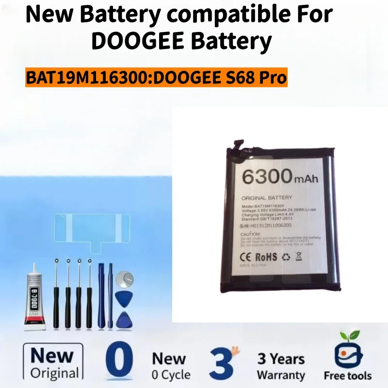New Battery Compatible For DOOGEE S68 Pro BAT19M116300 6300mAh Mobile Phone Batteries+ Free Tools
New Battery Compatible For DOOGEE S68 Pro BAT19M116300 6300mAh Mobile Phone Batteries+ Free Tools