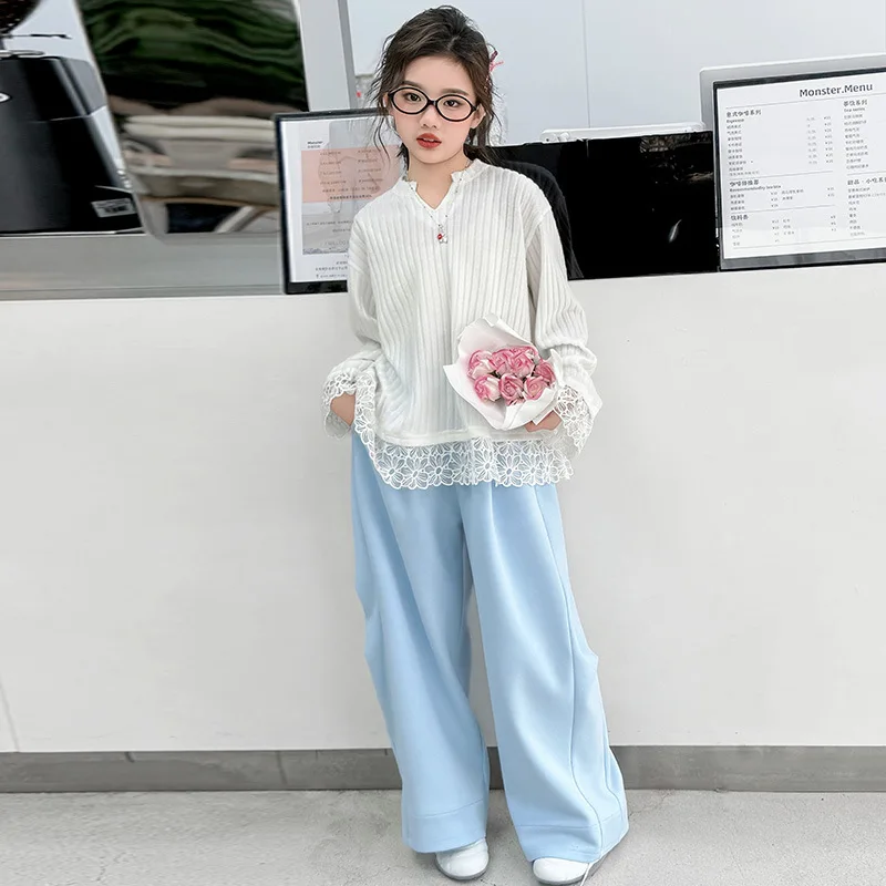 Autumn Children Girl Two-piece Outfit Kids Girls Lace Patchwork Knitted Top Teenager Girl Elastic Waist Pant Junior Girl Set
Autumn Children Girl Two-piece Outfit Kids Girls Lace Patchwork Knitted Top Teenager Girl Elastic Waist Pant Junior Girl Set