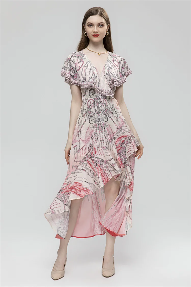 2023 New Summer Fashion Designer Gorgeous Women V-Neck Short Sleeve Irregular Slit Ruffles Holiday Party Print Long Dress
2023 New Summer Fashion Designer Gorgeous Women V-Neck Short Sleeve Irregular Slit Ruffles Holiday Party Print Long Dress