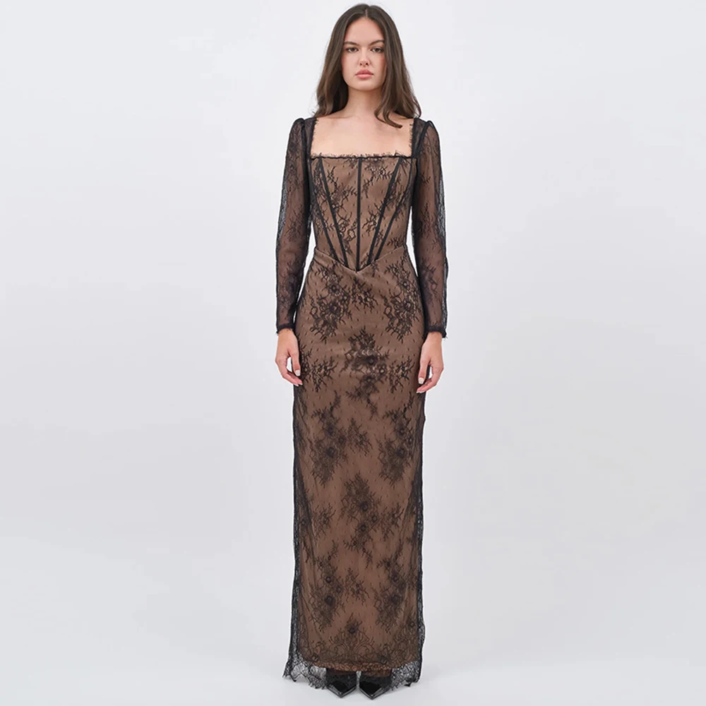 Modern Black Lace Evening Dresses Square Collar Long Sleeves Customized Celebrity Gowns Back Slit Special Occasion Gowns
Modern Black Lace Evening Dresses Square Collar Long Sleeves Customized Celebrity Gowns Back Slit Special Occasion Gowns