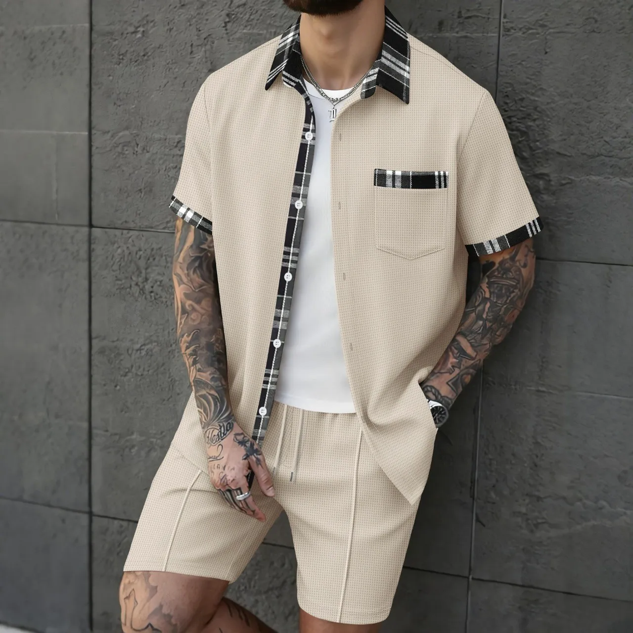 2026 New Men's 2 Piece Outfit Waffle Knit Short Sleeve Shirt & Shorts Set Casual Streetwear Tracksuit
2026 New Men's 2 Piece Outfit Waffle Knit Short Sleeve Shirt & Shorts Set Casual Streetwear Tracksuit