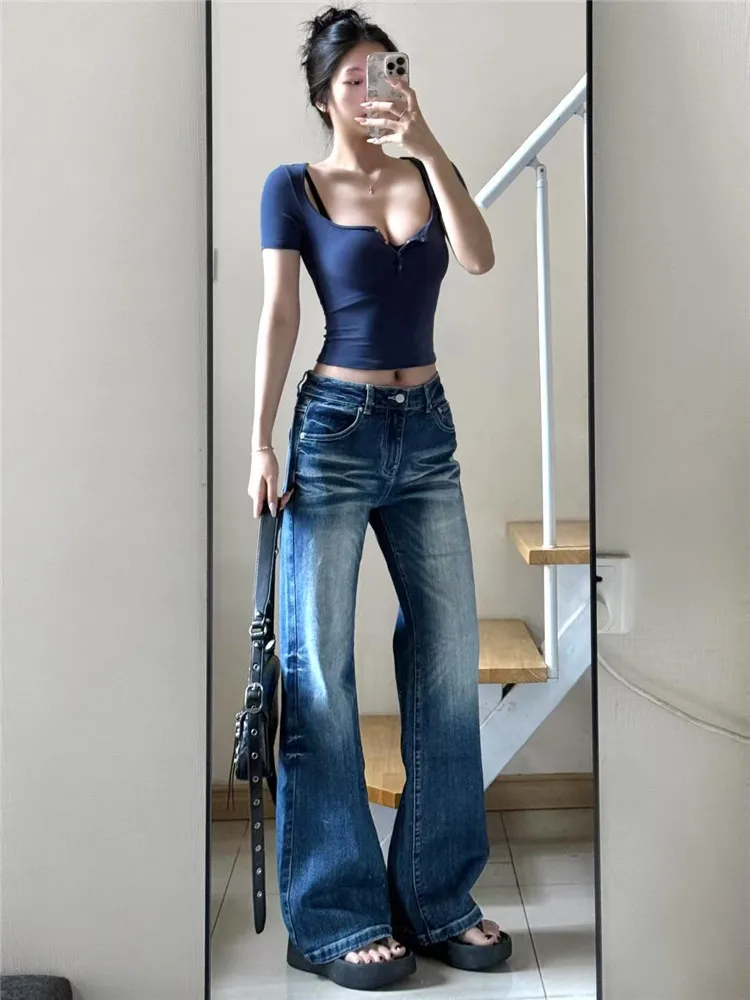 Extended American Retro Blue Flared Jeans Women's Loose Slimming Long Floor-Length Pants Spring Season Low Waist Zipper Closure
Extended American Retro Blue Flared Jeans Women's Loose Slimming Long Floor-Length Pants Spring Season Low Waist Zipper Closure