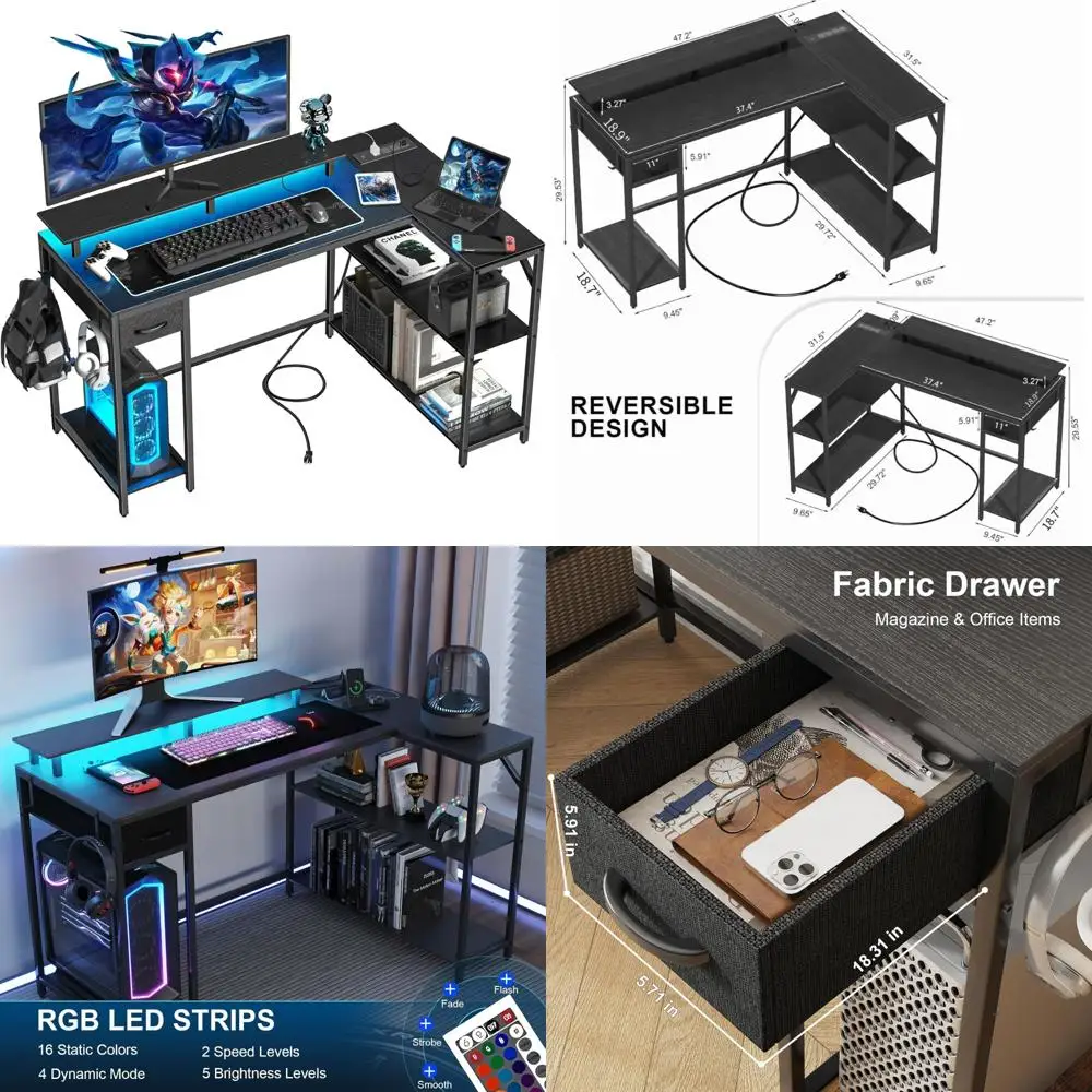 Reversible L-Shaped Gaming Desk with LED Lighting and Power Outlet, 47 Inch Desk with Monitor Stand and Hook for Enhanced Comput
Reversible L-Shaped Gaming Desk with LED Lighting and Power Outlet, 47 Inch Desk with Monitor Stand and Hook for Enhanced Comput