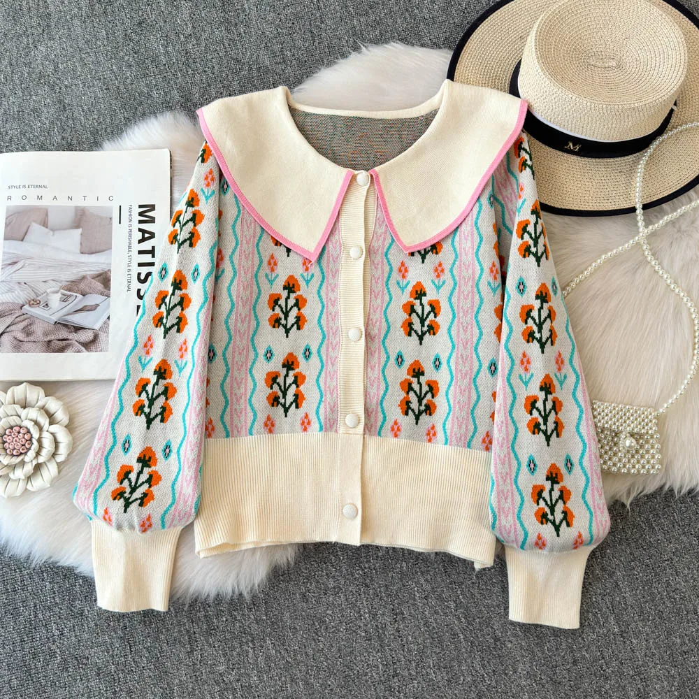 Women's Sweater Jacket Sweet Floral Jacquard Lantern Sleeves Knitted Cardigan Tops Spring Fall Peter Pan Collar Knitwear Clothes
Women's Sweater Jacket Sweet Floral Jacquard Lantern Sleeves Knitted Cardigan Tops Spring Fall Peter Pan Collar Knitwear Clothes