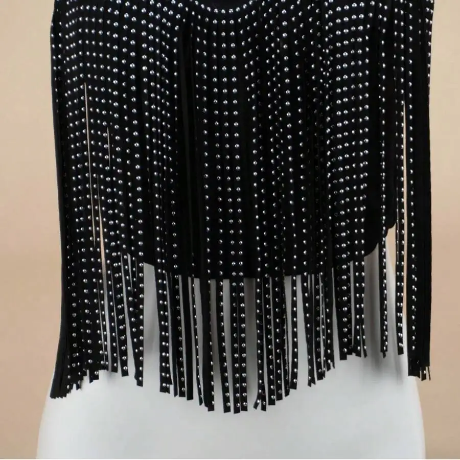 Black Fringe Tassel Strapless Top With Rivets Womens Evening Wear
Black Fringe Tassel Strapless Top With Rivets Womens Evening Wear