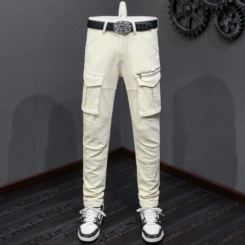 Street Fashion Men Jeans Beige White Stretch Slim Fit Spliced Biker Jeans Big Pocket Designer Hip Hop Denim Cargo Pants Men
Street Fashion Men Jeans Beige White Stretch Slim Fit Spliced Biker Jeans Big Pocket Designer Hip Hop Denim Cargo Pants Men